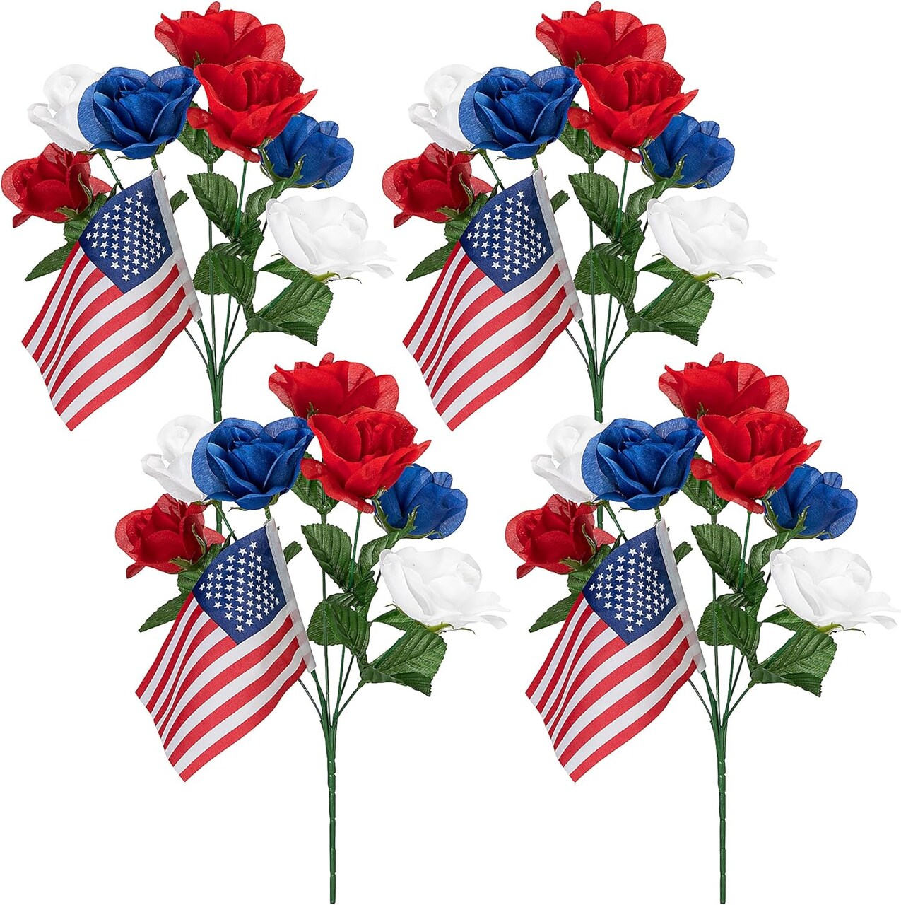 4 Bunches Memorial Day Artificial Flowers, Red Blue White Cemetery Flower with Flags